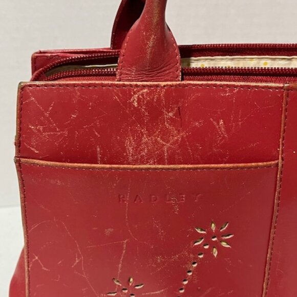 VTG Radley Red Leather Multicompartment Handbag Scottie Dog Logo Floral - Picture 12 of 16